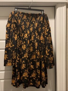 Black and Mustard Floral Strapless Dress